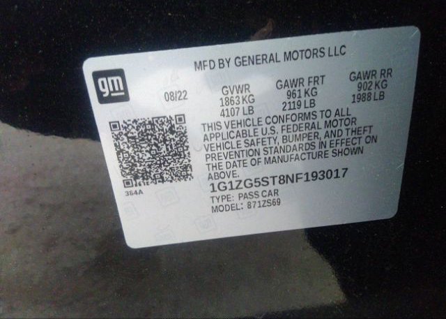 2022 CHEVROLET MALIBU(VIN: 1G1ZG5ST8NF193017