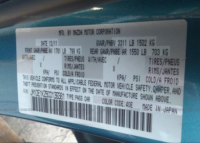 JM1DE1KZ6C0139381 2012 MAZDA MAZDA2
