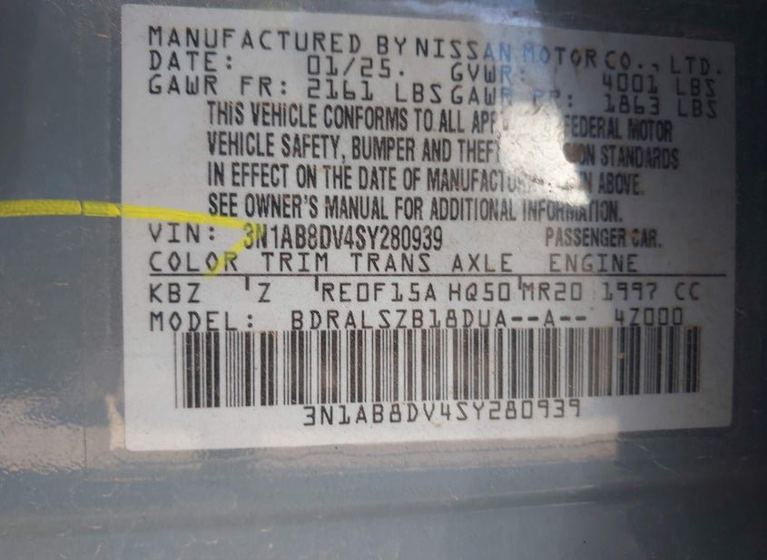 2025 Nissan Sentra 2.0L I-4 DI, DOHC, VVT, REGUL(VIN: 3N1AB8DV4SY280939