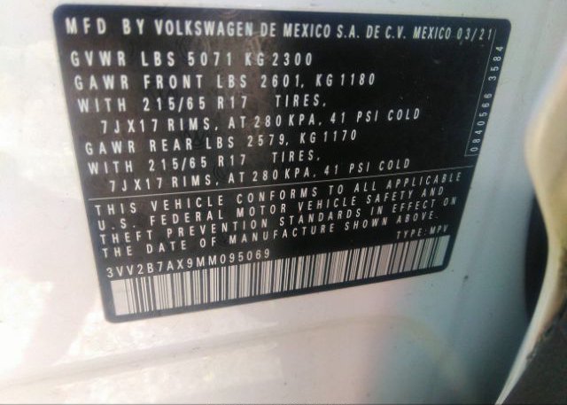 2021 VOLKSWAGEN TIGUAN(VIN: 3VV2B7AX9MM095069