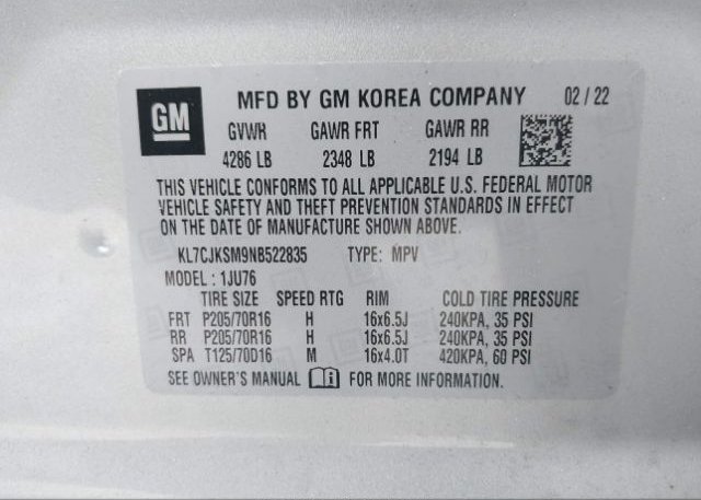 2022 CHEVROLET TRAX(VIN: KL7CJKSM9NB522835
