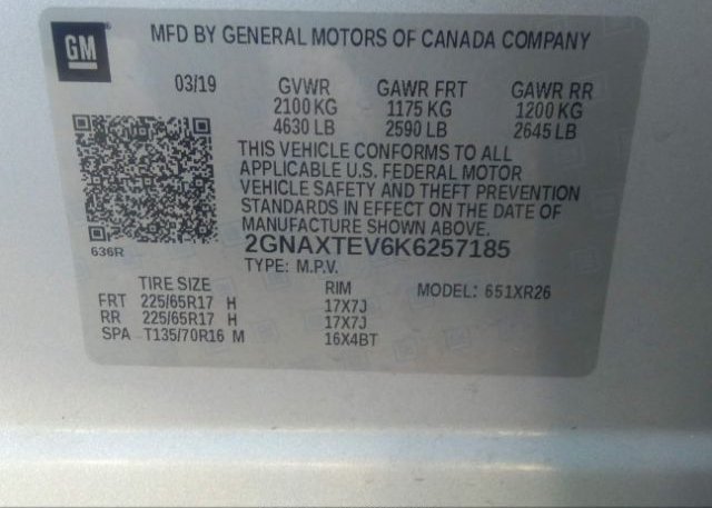 2019 CHEVROLET EQUINOX VIN: 2GNAXTEV6K6257185