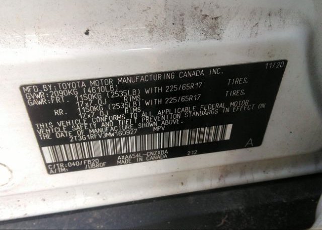2021 TOYOTA RAV4(VIN: 2T3G1RFV3MW160927