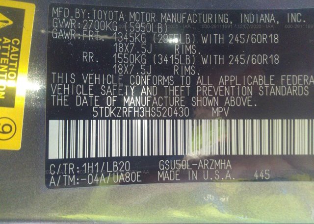 5TDKZRFH3HS520430 2017 TOYOTA HIGHLANDER