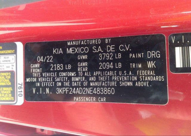 2022 KIA FORTE(VIN: 3KPF24AD2NE483860