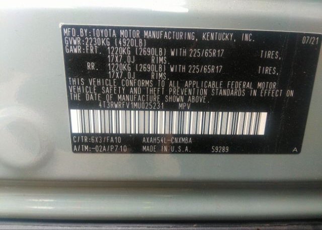 2021 TOYOTA RAV4(VIN: 4T3RWRFV1MU025231