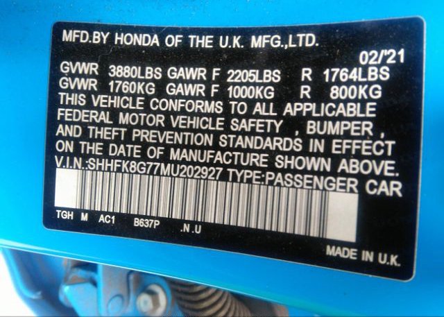 2021 HONDA CIVIC TYPE R(VIN: SHHFK8G77MU202927