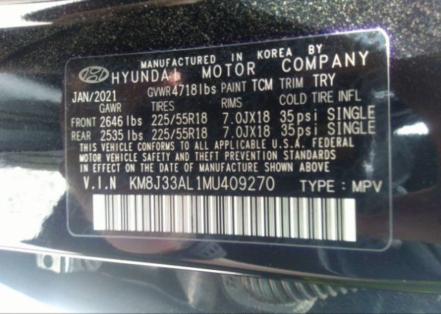 2021 HYUNDAI TUCSON(VIN: KM8J33AL1MU409270