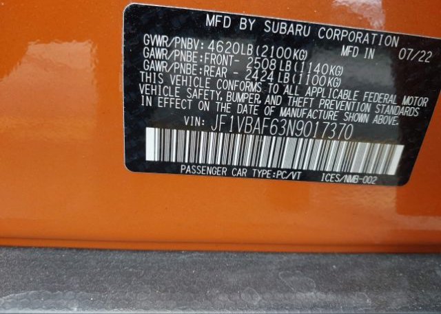 2022 SUBARU WRX(VIN: JF1VBAF63N9017370