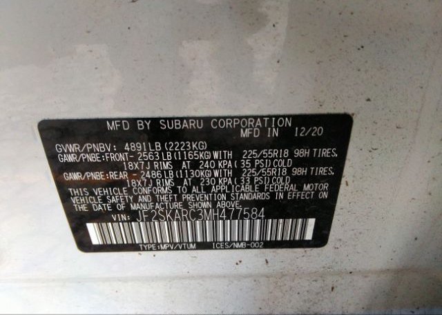 2021 SUBARU FORESTER(VIN: JF2SKARC3MH477584