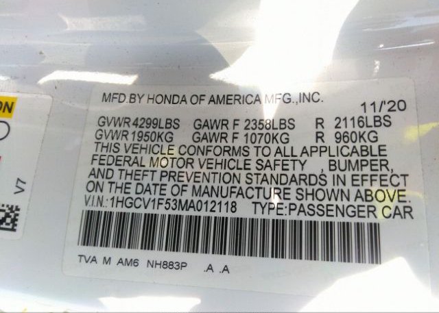 2021 HONDA ACCORD SEDAN(VIN: 1HGCV1F53MA012118