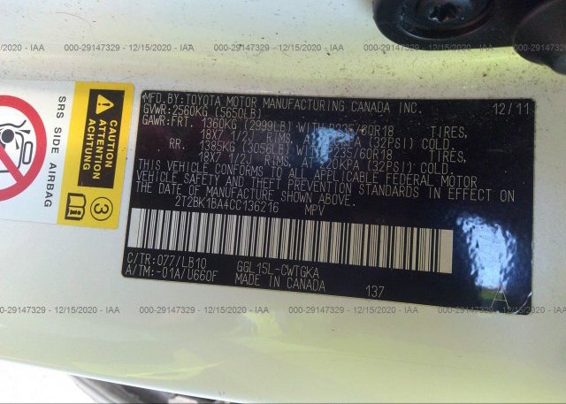 2T2BK1BA4CC136216 2012 LEXUS RX 350