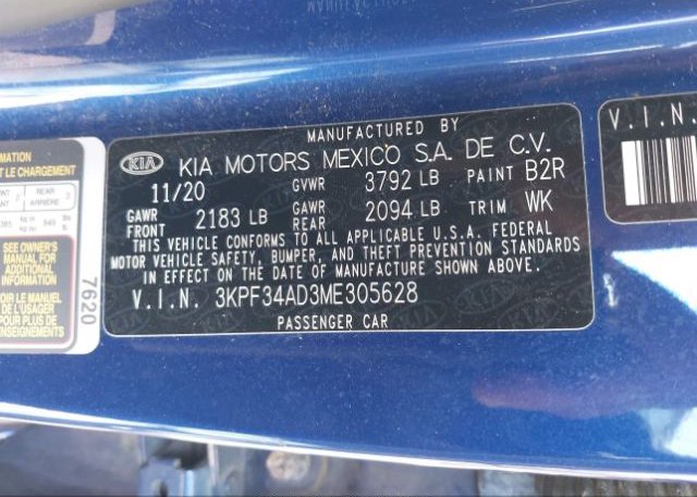 2021 KIA FORTE(VIN: 3KPF34AD3ME305628