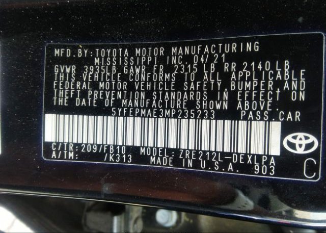 2021 TOYOTA COROLLA(VIN: 5YFEPMAE3MP235233