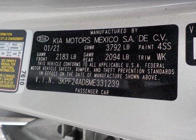 2021 KIA FORTE(VIN: 3KPF24AD8ME331239
