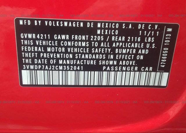 3VWDP7AJ2CM352041 2012 VOLKSWAGEN JETTA SEDAN