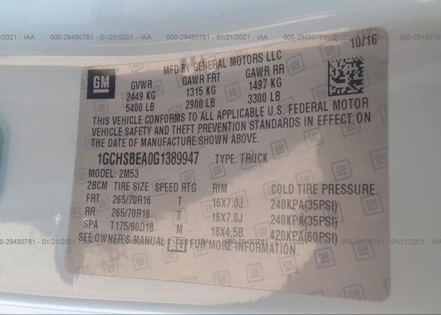 1GCHSBEA0G1389947 2016 CHEVROLET COLORADO