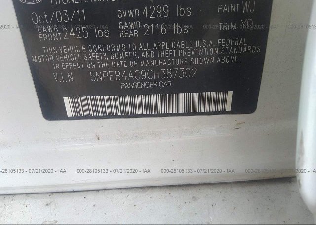 5NPEB4AC9CH387302 2012 Hyundai SONATA