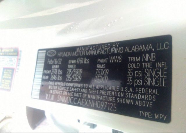 2022 HYUNDAI TUCSON(VIN: 5NMJCCAEXNH097125