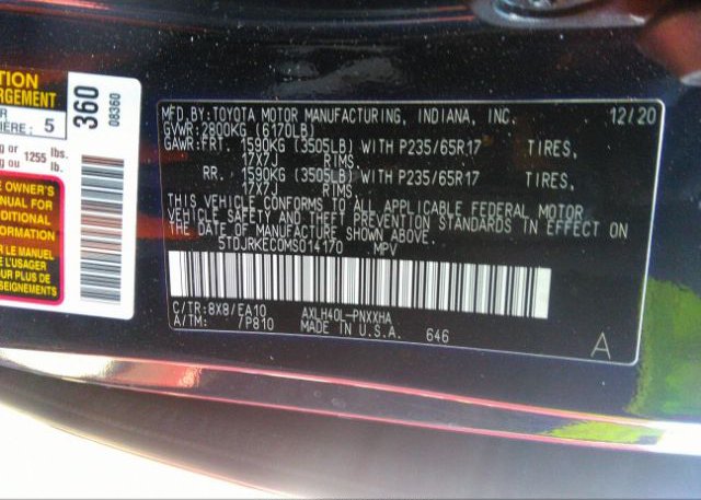 2021 TOYOTA SIENNA(VIN: 5TDJRKEC0MS014170