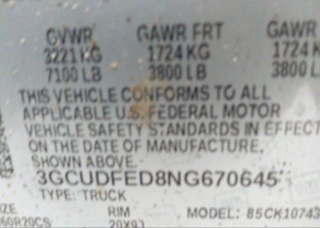 2022 CHEVROLET SILVERADO 1500(VIN: 3GCUDFED8NG670645