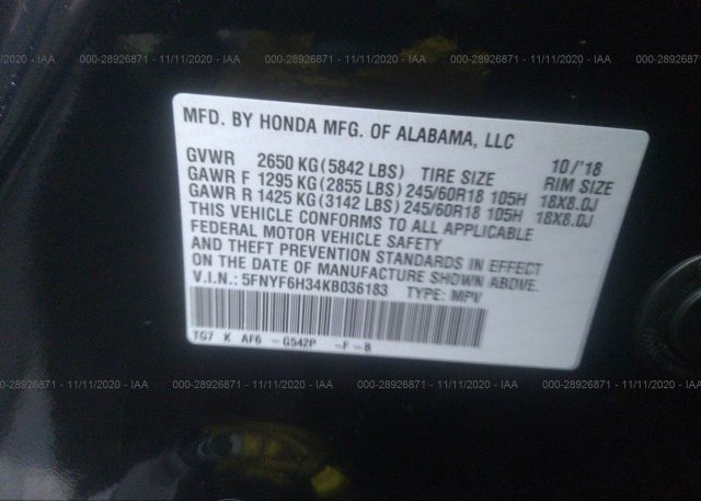 5FNYF6H34KB036183 2019 HONDA PILOT