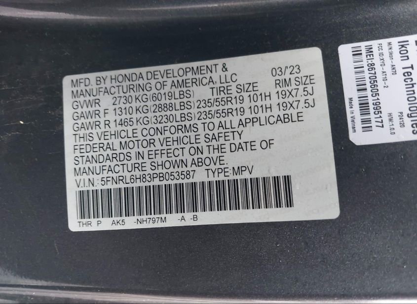 2023 HONDA ODYSSEY TOURING(VIN: 5FNRL6H83PB053587