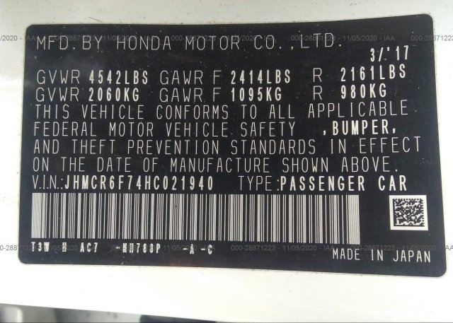 JHMCR6F74HC021940 2017 HONDA ACCORD HYBRID