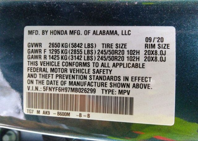 2021 HONDA PILOT(VIN: 5FNYF6H97MB026299