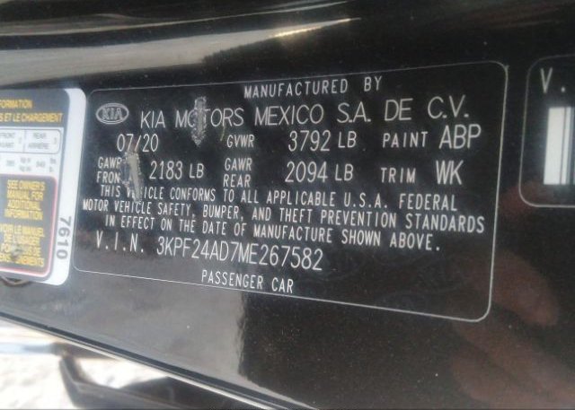 2021 KIA FORTE(VIN: 3KPF24AD7ME267582