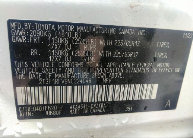 2022 TOYOTA RAV4(VIN: 2T3F1RFV9NC324048