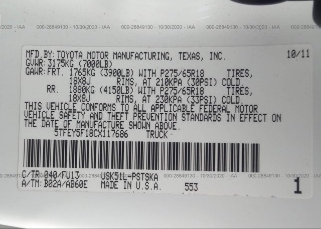 5TFEY5F18CX117686 2012 TOYOTA TUNDRA 2WD TRUCK