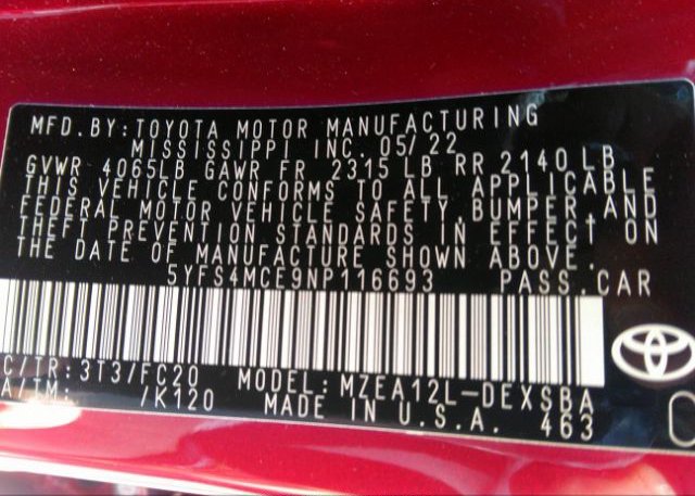 2022 TOYOTA COROLLA(VIN: 5YFS4MCE9NP116693