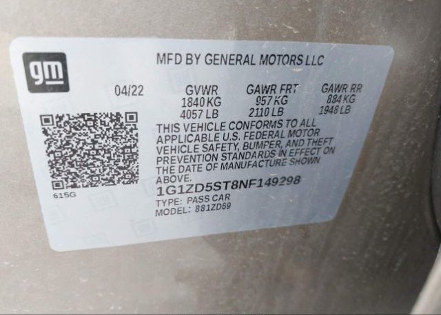 2022 CHEVROLET MALIBU(VIN: 1G1ZD5ST8NF149298