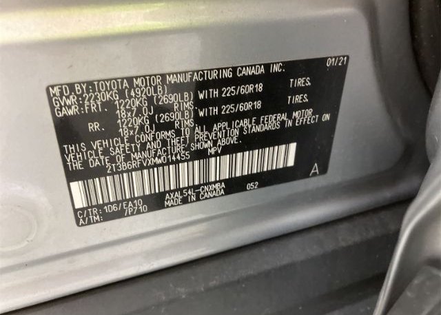 2021 TOYOTA RAV4(VIN: 2T3B6RFVXMW014455