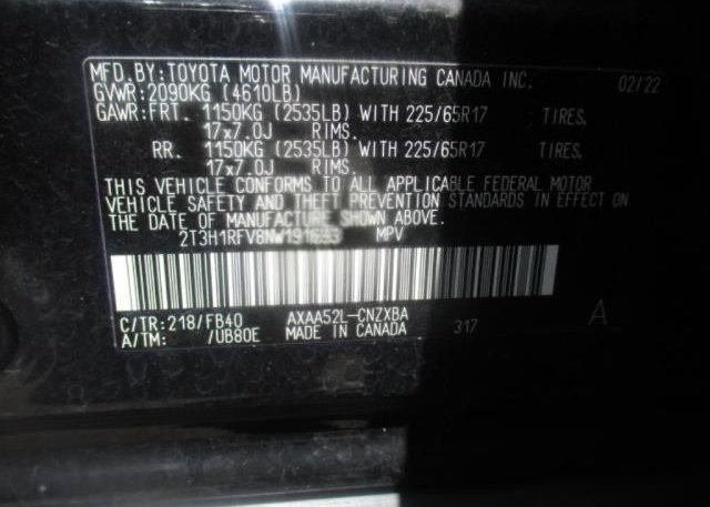 2022 TOYOTA RAV4(VIN: 2T3H1RFV8NW191693