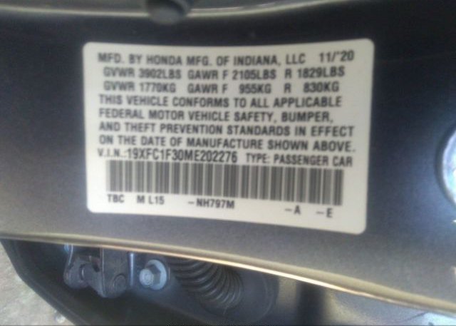 2021 HONDA CIVIC SEDAN(VIN: 19XFC1F30ME202276