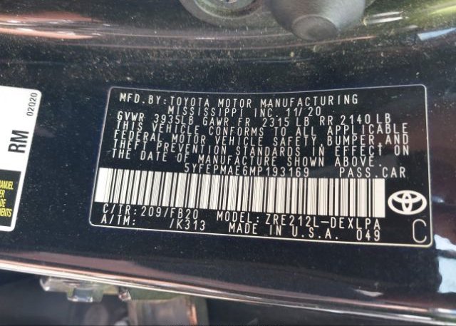 2021 TOYOTA COROLLA(VIN: 5YFEPMAE6MP193169