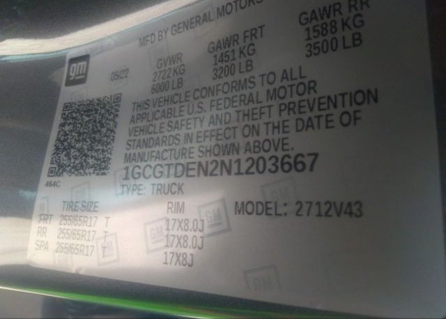 2022 CHEVROLET COLORADO(VIN: 1GCGTDEN2N1203667
