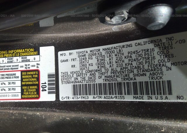 5TENX4GN4AZ712555 2010 TOYOTA TACOMA