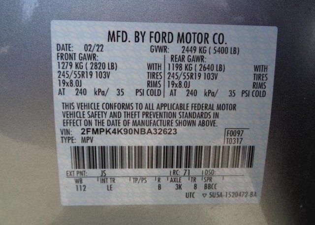 2022 FORD EDGE(VIN: 2FMPK4K90NBA32623