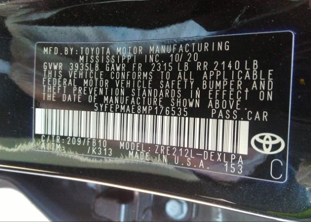 2021 TOYOTA COROLLA(VIN: 5YFEPMAE8MP176535