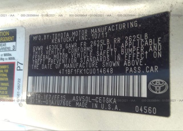 4T1BF1FK1CU014648 2012 TOYOTA CAMRY