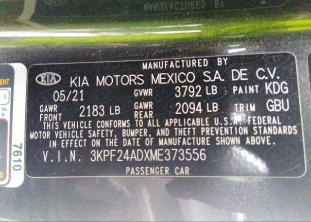 2021 KIA FORTE(VIN: 3KPF24ADXME373556