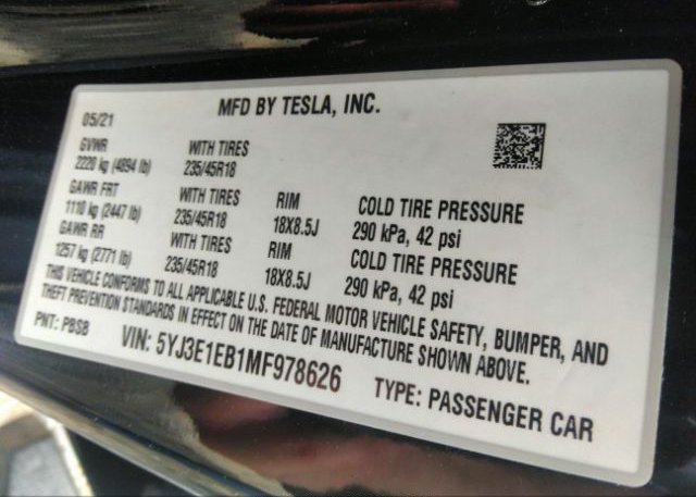 2021 TESLA MODEL 3(VIN: 5YJ3E1EB1MF978626