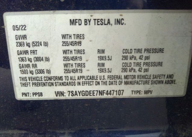 2022 TESLA MODEL Y(VIN: 7SAYGDEE7NF447107