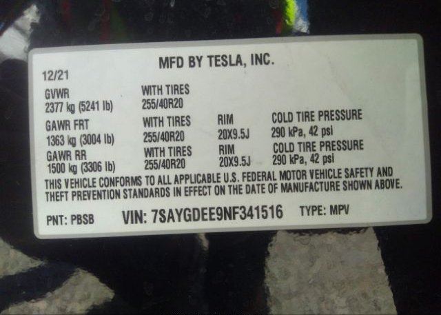 2022 TESLA MODEL Y(VIN: 7SAYGDEE9NF341516