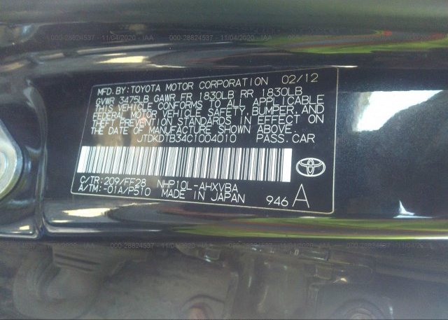 JTDKDTB34C1004010 2012 TOYOTA PRIUS C