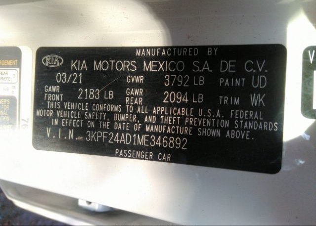 2021 KIA FORTE(VIN: 3KPF24AD1ME346892