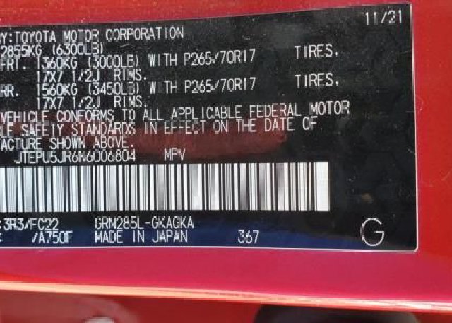 2022 TOYOTA 4RUNNER(VIN: JTEPU5JR6N6006804